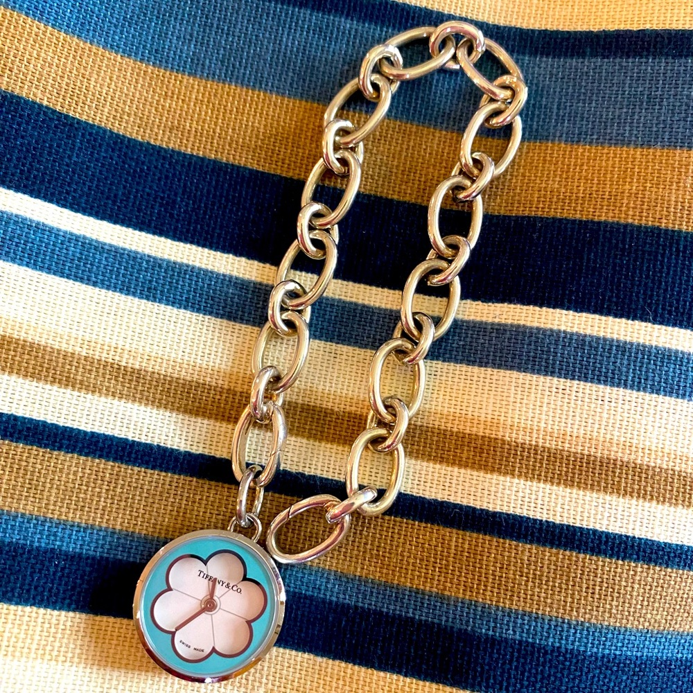 Tiffany & Co. Blossom Flower Clock Watch Silver Link Chain Bracelet
